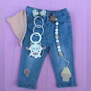 Baby girl stretchy jeans w/ removable cow and ice cream teething rings